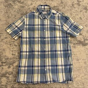 Lacoste size M blue yellow tartan short sleeve button down